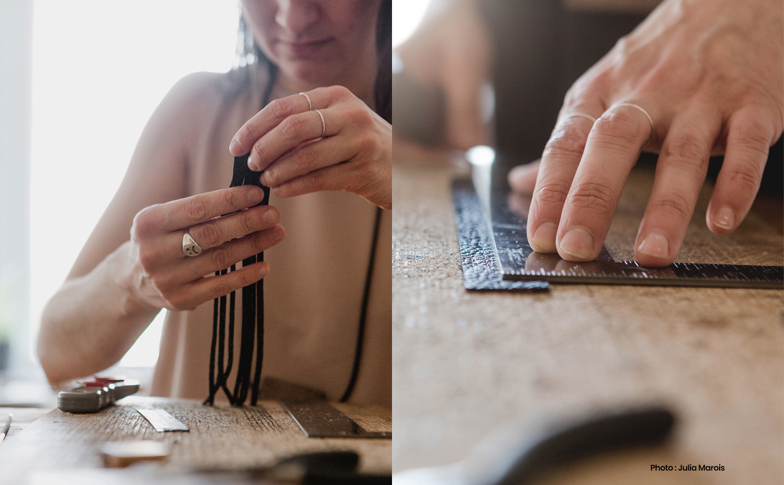 Louve Montréal est une ligne contemporaine de bijoux de bois et de cuir imaginée par Virginie Turcot-Lamarre. Inspirée par la chaleur du bois et du cuir, elle confectionne ses bijoux à partir d’un travail sur la ligne et la géométrie des formes, qu’elle allie pour créer des pièces hybrides et minimalistes. Ses compositions graphiques et épurées privilégient les agencements simples, mais singuliers. Signé métiers d'art. Ensemble artisans CMAQ